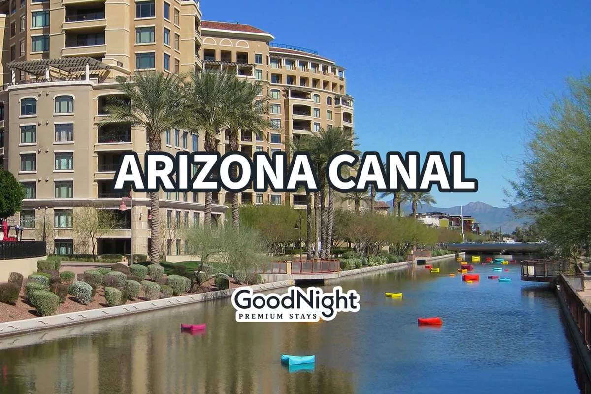 This exterior image features the Arizona Canal, lined with palm trees and residential buildings. Colorful boats float on the water, and a wide walking path runs along the canal, inviting strolls and exploration. The mood is relaxed and cheerful, highlighting an inviting, pet-friendly outdoor scene.