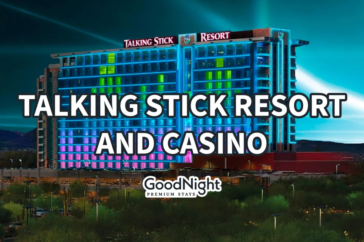 The illuminated facade of Talking Stick Resort at night, highlighted by neon lights and artful landscaping. The atmosphere is dynamic, hinting at casino gaming, live shows, and upscale nightlife.